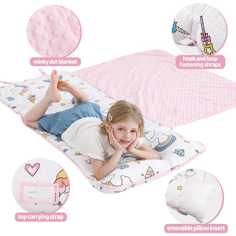 Viviland Toddler Kid Nap Mat for Preschool, White Unicorn Slumber Bag, Daycare Sleeping Bag with Pillow and Blanket, Kindergarten Sleep Mat - Image 3